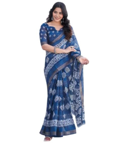 SAREEZAA Women's Cotton Saree with Geometric Print and Unstitched Blouse Piece