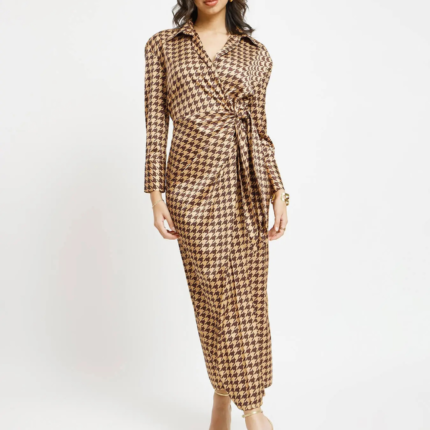 Satin Houndstooth Print Wrap Dress – Brown And Gold