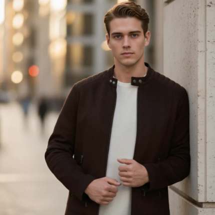 Men Brown Solid Regular Fit Polyester Jackets