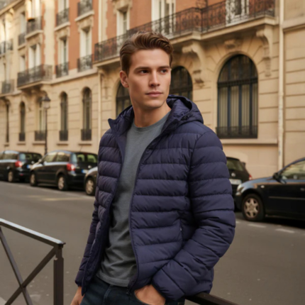 Men Navy Blue Solid Regular Fit Polyester Jackets