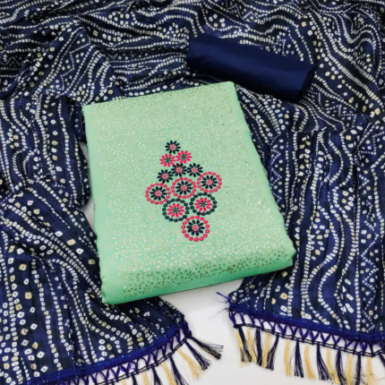 Sea Green Floral Embroidered Cotton Blend Dress Material Adorned With Sparkling Sequins Work