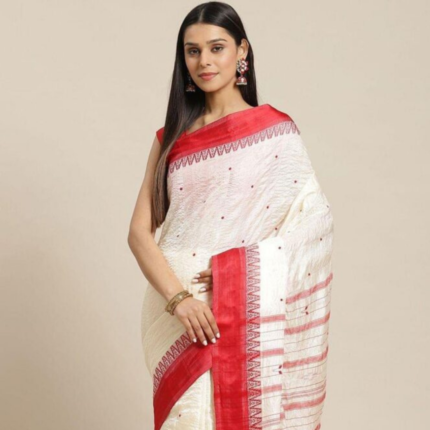 Dhaniakhali Tussar silk Saree in Off-white Red
