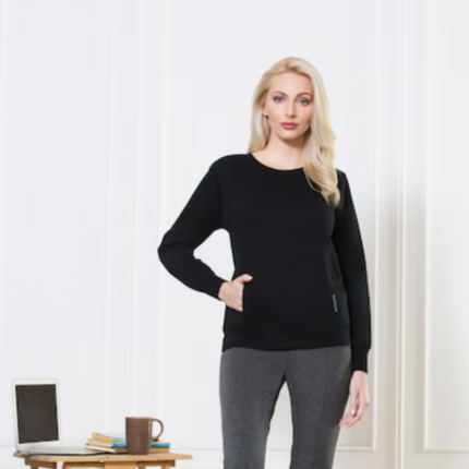 Van Heusen Athleisure Women Black Solid Round Neck Concealed Zipper Pocket Sweatshirt