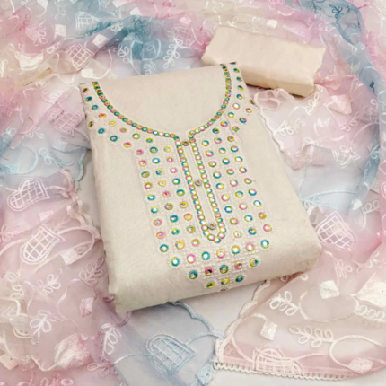 Off White Designer Chanderi Dress Material with Intricate Thread Embroidery Detailing