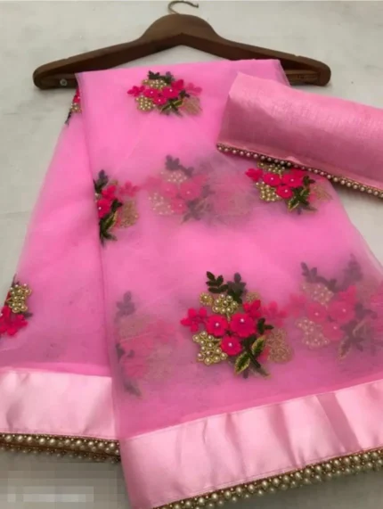 HIFLI Net Embroidered Banarasi saree With Unstitched Blouse Piece ( Pink )