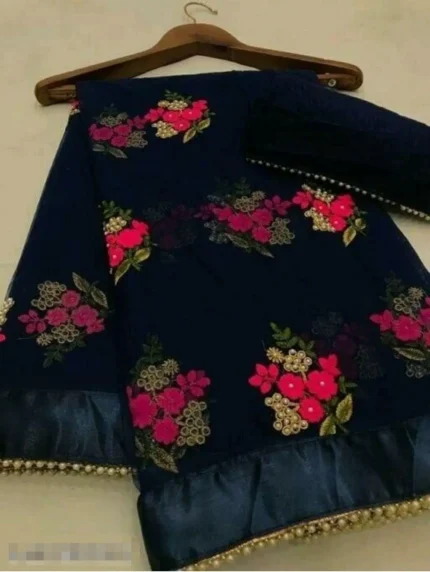 HIFLI Net Embroidered Banarasi saree With Unstitched Blouse Piece ( Black )