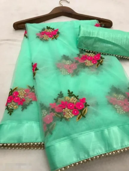 HIFLI Net Embroidered Banarasi saree With Unstitched Blouse Piece ( Rama )