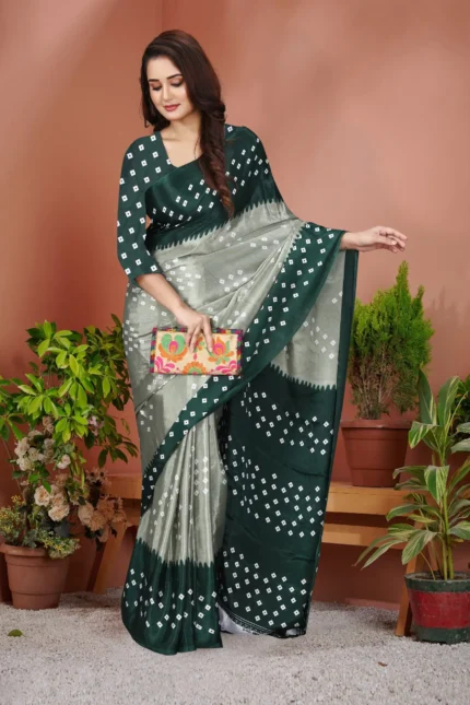 JIHANA FAB Chiffon Printed Bandhani Sarees With Unstitched Blouse Piece ( Green )