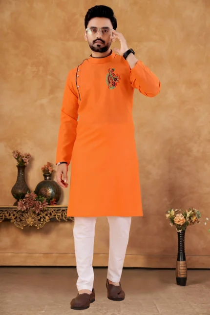 Orange Cotton Blend Regular Fit Men's Kurta Pyjama Set ( Pack of 1 )