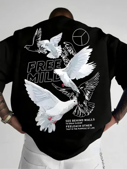 LEWEL Cotton Blend Oversized Fit Printed 3/4th Sleeves Men's Round T-Shirt - Black ( Pack of 1 )