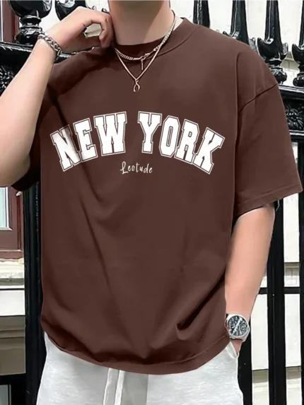 Leotude Men Cotton Blend Oversized Fit Printed T-Shirt ( Brown )