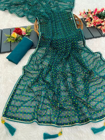 PIYA DESIGNER Chiffon Printed Bandhani Sarees With Unstitched Blouse Piece ( Turquoise )