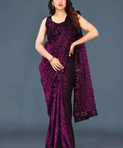 SIMRISH Lycra Embellished Saree With Unstitched Blouse Piece ( Magenta )