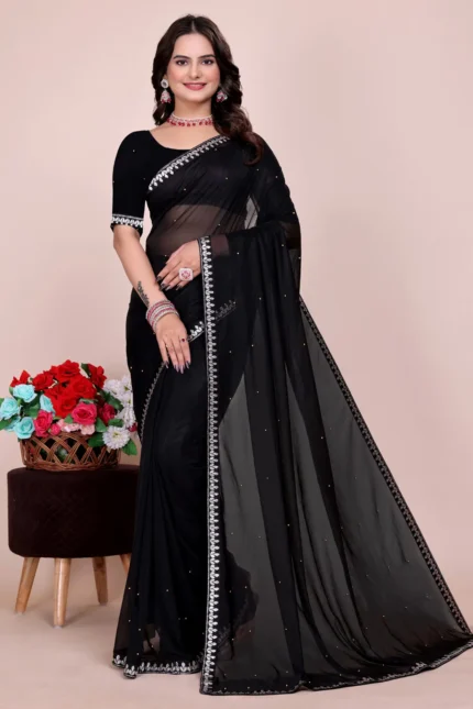 Saadhvi Lycra Embellished Saree With Unstitched Blouse Piece ( Black )