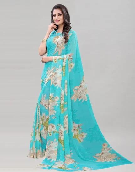 Samah Georgette Printed Saree With Unstitched Blouse Piece ( SkyBlue )