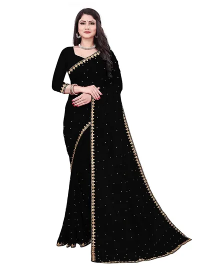 Suali Lycra Embellished Regular Saree With Unstitched Blouse Piece ( Black )