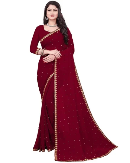 Suntex Lycra Embellished Chanderi saree With Unstitched Blouse Piece ( Maroon )