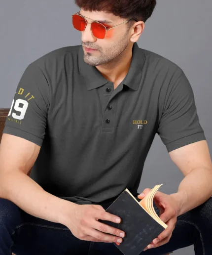 TAZO Pack of 1 Cotton Blend Regular Fit Self Design Half Sleeves Men's Polo T Shirt ( Grey )